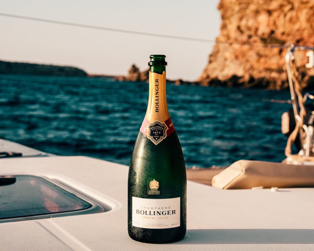 bollinger wine bottle on boat