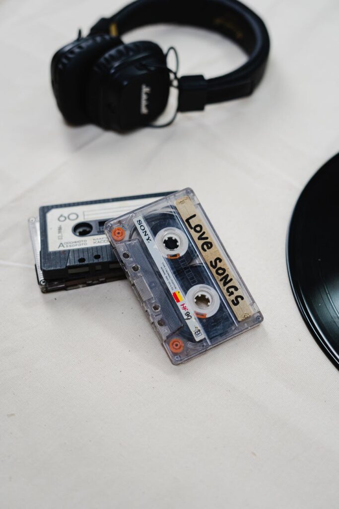 white and blue cassette tape