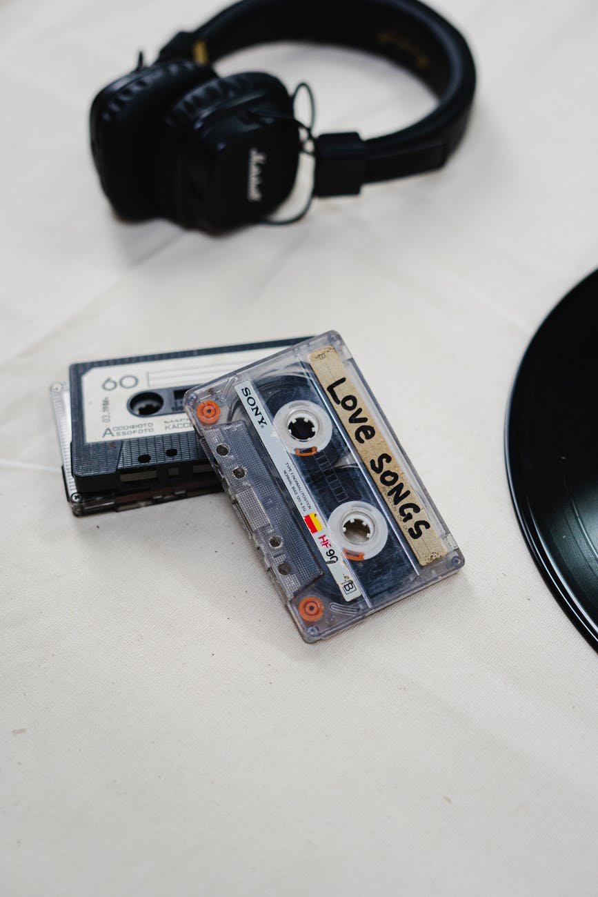 white and blue cassette tape