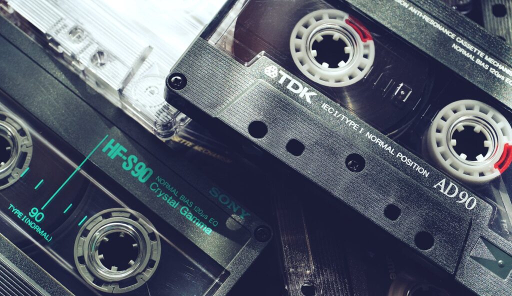 black audio tapes in close up view